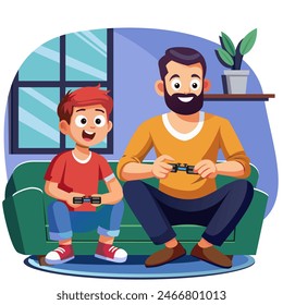 Papá juega con su hijo en la consola de su casa. Arte conceptual para el Día del Padre. Ilustración vectorial plana en estilo de dibujos animados.