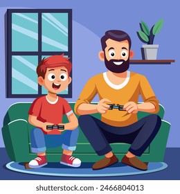 Papá juega con su hijo en la consola de su casa. Arte conceptual para el Día del Padre. Ilustración vectorial plana en estilo de dibujos animados.