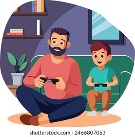 Papá juega con su hijo en la consola de su casa. Arte conceptual para el Día del Padre. Ilustración vectorial plana en estilo de dibujos animados.