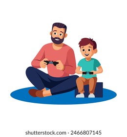 Papá juega con su hijo en la consola. Arte conceptual para el Día del Padre. Ilustración vectorial plana en estilo de dibujos animados.