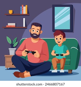 Papá juega con su hijo en la consola de su casa. Arte conceptual para el Día del Padre. Ilustración vectorial plana en estilo de dibujos animados.