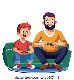 Papá juega con su hijo en la consola. Arte conceptual para el Día del Padre. Ilustración vectorial plana en estilo de dibujos animados.