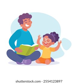 Dad with Pretty Girl Reading Book Sitting on Floor Vector Illustration