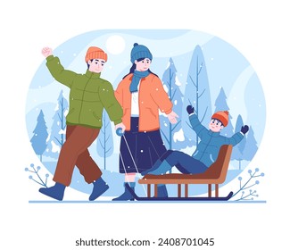 Dad pulling winter sleds with his wife and happy son. Child on snow sleigh, Sled in cold weather. Winter holiday fun, wintertime leisure activity. Vector illustration