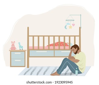 Dad Puts The Baby To Sleep In The Crib, Feeds Him From A Bottle. The Father Takes Care And Nurses The Newborn Baby.  A Cot With A Baby And A Dad Asleep Next To It, A Tired Man. Vector Illustration.