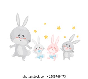 Dad the rabbit comes with little rabbits. Vector illustration on a white background. svg