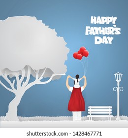 Dad is raising his Daughter holding a red balloon above his head on blue background .My daddy is my hero, Father's Day concept,paper craft style