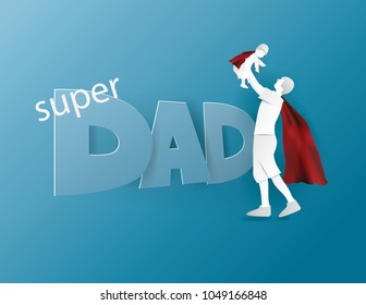 Dad is raising his son above his head on blue background .My daddy is my hero, Father's Day concept,paper craft style
