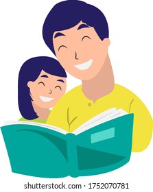 Dad reading book with daughter. Vector illustration of a flat design