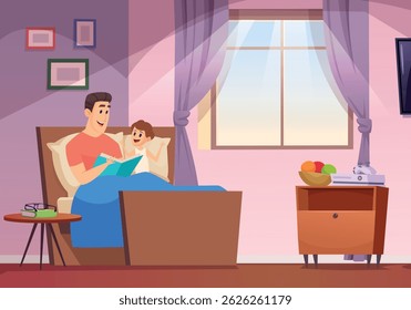 Dad reading book. happy parents with kids. father reading book in bed