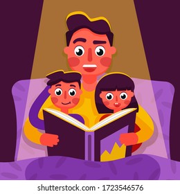 Dad is reading a book to his son and daughter in the evening in bed. Vector illustration