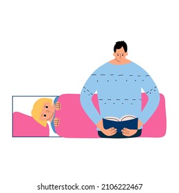 Dad is reading a book to a small child. The father tells a fairy tale to his little daughter before bedtime. Vector illustration of hand drawing style.