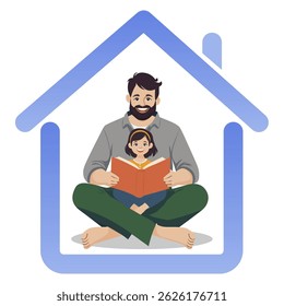 Dad reading to daughter. Friendly family at home. Fatherhood, father spending time with children. Vector flat illustration.