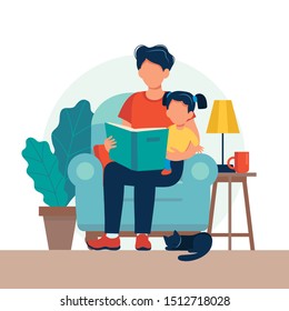 Dad reading for kid. Family sitting on the chair with book. Cute vector illustration in flat style