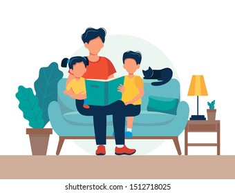 Dad reading for kids. Family sitting on the sofa with book. Cute vector illustration in flat style