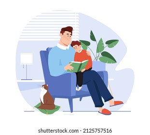 Dad reading for kids. Family sitting on the chair with book. Friendly family reading books together in the living room at home. Fatherhood, father spending time with kids. Vector flat illustration.