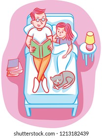 Dad reads a bedtime story to his daughter.