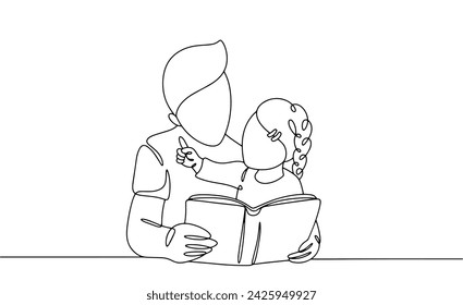 Dad reads a fairy tale to his little daughter. Spending time together. World Fairy Tale Day. Vector illustration. Images produced without the use of any form of AI software at any stage.