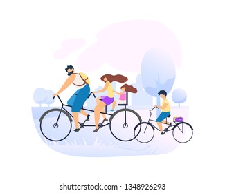 Dad Rides Behind Wheel Big Bike. Parents with Small Daughter. Park Beautiful Weather Love Active View Life. Positive Emotions Young Man Learns Ride Small Bike and Pedals Vector Illustration.