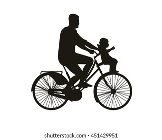 Dad rides a bike with son. Vector silhouette