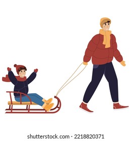 Dad rides a happy son on a sled. New Year, Christmas, vector graphics