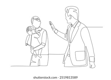 Dad said goodbye while working. Families in japan concept one-line drawing