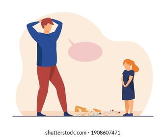 Dad Scolding Daughter For Broken Vase. Naughty Kid, Active Child, Angry Parent. Flat Vector Illustration. Parenthood, Family, Childhood Concept For Banner, Website Design Or Landing Web Page