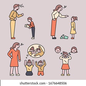 Dad is scolding his son. Mom is scolding her daughter. The children are fighting and the mother is scolding them. flat design style minimal vector illustration.