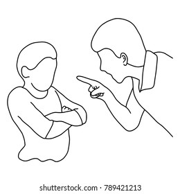 Dad scolding his son vector illustration outline sketch hand drawn with black lines isolated on white background