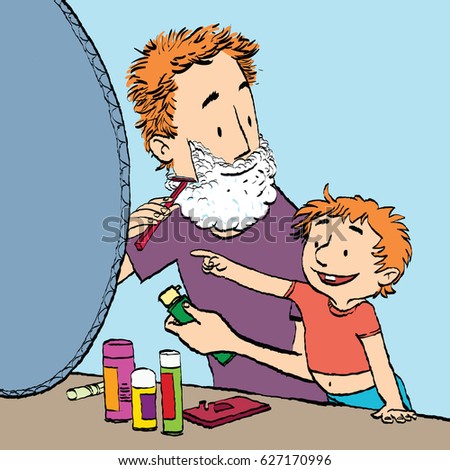 Dad Shaves Son Watches Caricature Cartoon Style Hand Drawn Color Illustration Dad Shaves Son Watches Caricature Cartoon Style Hand Drawn Color Illustration