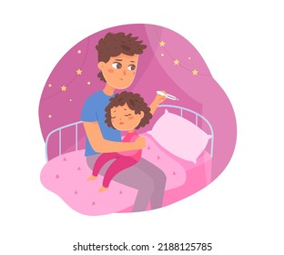 Dad and sick child sitting together in nursery bedroom at home vector illustration. Cartoon man holding thermometer in hand, kid suffering from flu and fever isolated on white. Childcare concept