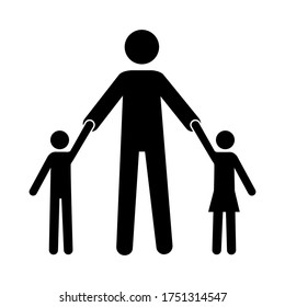 Dad silhouette icon with kids. Vector image of a parent with a son and daughter. 
