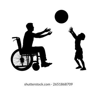 Dad sitting in wheelchair playing with his little son outdoor. Disabled father on wheelchair throwing ball to son black silhouette. 