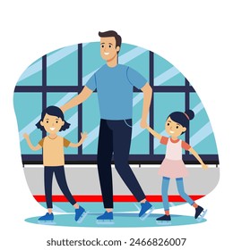 Papá patina con su hija y su hijo en la pista de patinaje. Arte conceptual para el Día del Padre. Ilustración vectorial plana en estilo de dibujos animados.