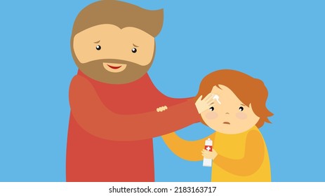 Papá mete la frente de su hijo con medicina