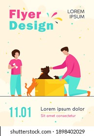 Dad and son adopting pets. Man opening box with dog, kid, cat flat vector illustration. Animals care, pet adoption concept for banner, website design or landing web page