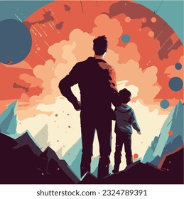 dad and son back watching futuristic landscape