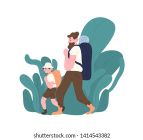 Dad and son with backpacks walking or hiking. Parent and child tourists travelling or backpacking. Family touristic activity. Happy fatherhood or parenting. Flat cartoon colorful vector illustration.