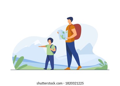Dad and son with backpacks walking outdoors. Tourists with map trekking in mountains flat vector illustration. Vacation, family travel, hiking concept for banner, website design or landing web page