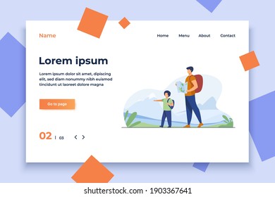 Dad and son with backpacks walking outdoors. Tourists with map trekking in mountains flat vector illustration. Vacation, family travel, hiking concept for banner, website design or landing web page