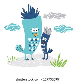 Dad and son bird cute print. Father and baby together. Cool animal illustration for t-shirt, kids apparel, nursery, child party invitation. Simple design. Summer time