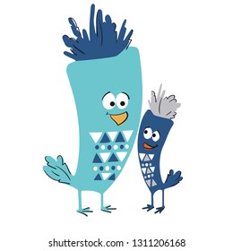 Dad and son birds cute print. Family love. Father and baby together illustration for t-shirt print, kids apparel, nursery, child party invitation. Simple design. Summer time