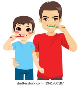 Dad and son brushing teeth together casual daily hygiene routine concept