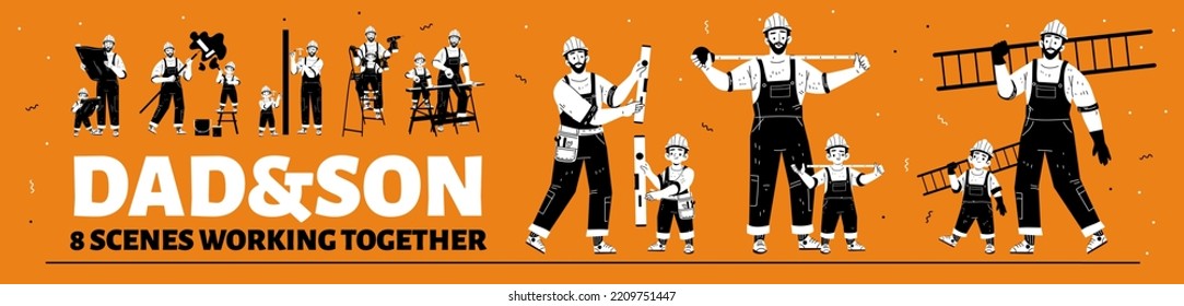 Dad and son builders working together. Father with child repair service workers in uniform. Parent with kid construction employees characters with tools, Cartoon Linear flat vector illustration, set