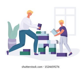 Dad and son are building a constructor elements in the room, family leisure. Parents and children spend time together playing with toys. Vector illustration flat cartoon style.