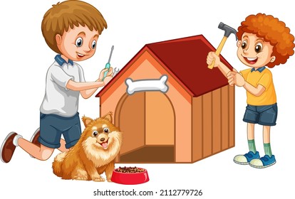 Dad and son building a doghouse together illustration