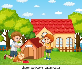 Papá e hijo construyen una ilustración conjunta de un doghouse
