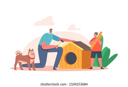 Dad and Son Building or Repair Dog Booth, Happy Family Characters Spend Time Together, Father Teaching Boy Carpentry and Construction Diy Works, Parenting Concept. Cartoon People Vector Illustration