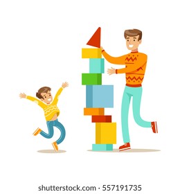Dad And Son Building A Tower With Blocks, Happy Family Having Good Time Together Illustration