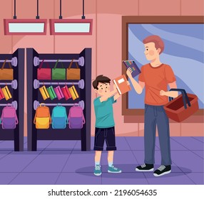 personajes de compras de suministros de papá e hijo